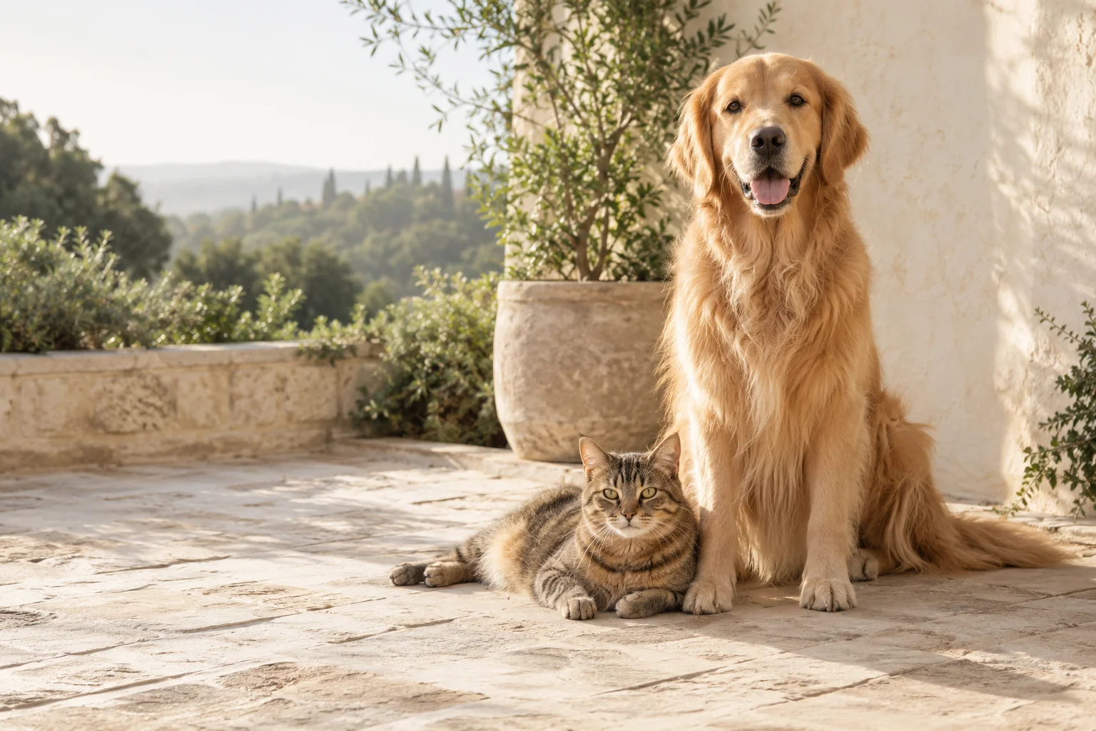 金毛犬与虎斑猫在阳光下安静相伴